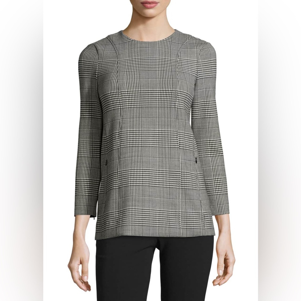Theory Lauret CL Portland Glen-Plaid Top, Black/White Virgin Wool size 10